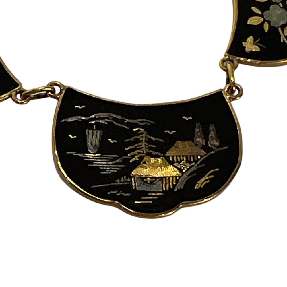 Vintage Japanese Damascene Landscape Fan Bib Statement Necklace Made In Japan - Picture 6 of 14